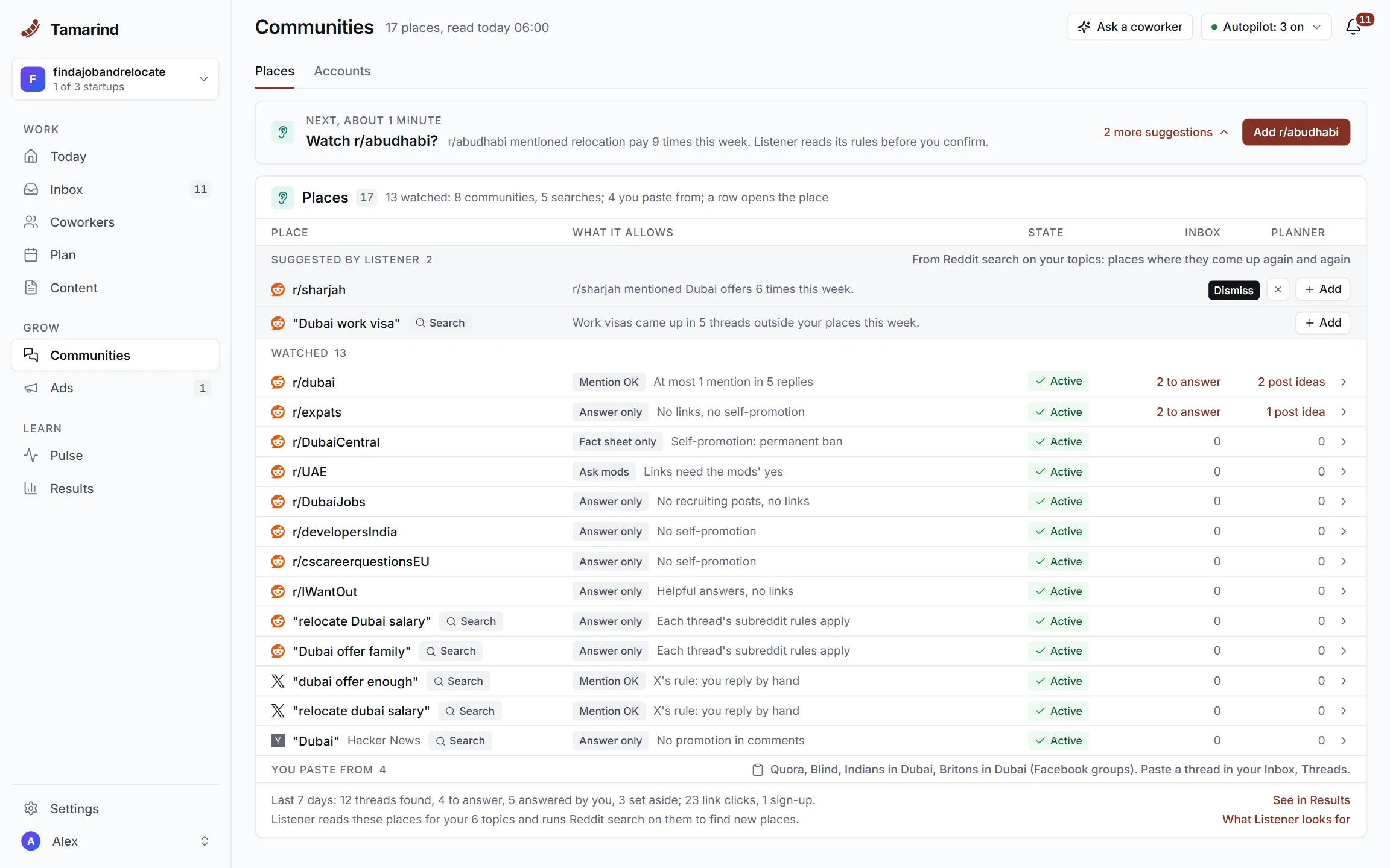 Tamarind's Communities page in a sample workspace: each subreddit with what it allows, such as Mention OK, Answer only and Fact sheet only