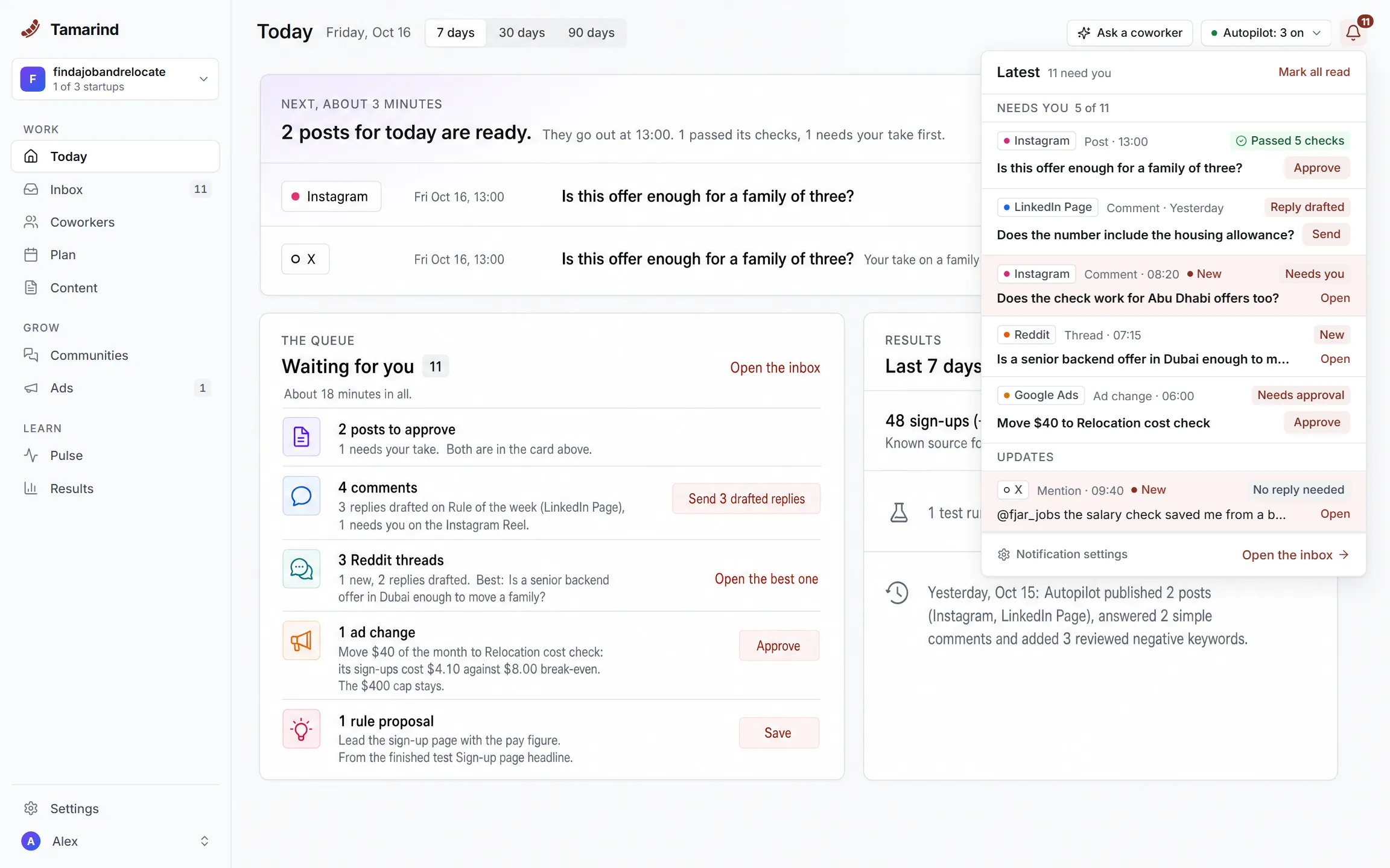 Tamarind's Today page: the week's posts and replies waiting for approval